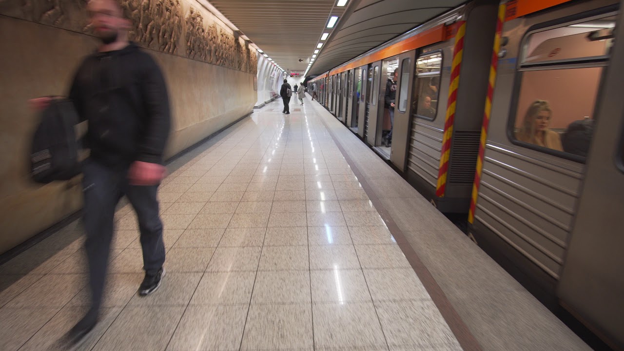 Greece, Athens, metro night ride from Akropoli to Ilioupoli Gr. Lambrakis