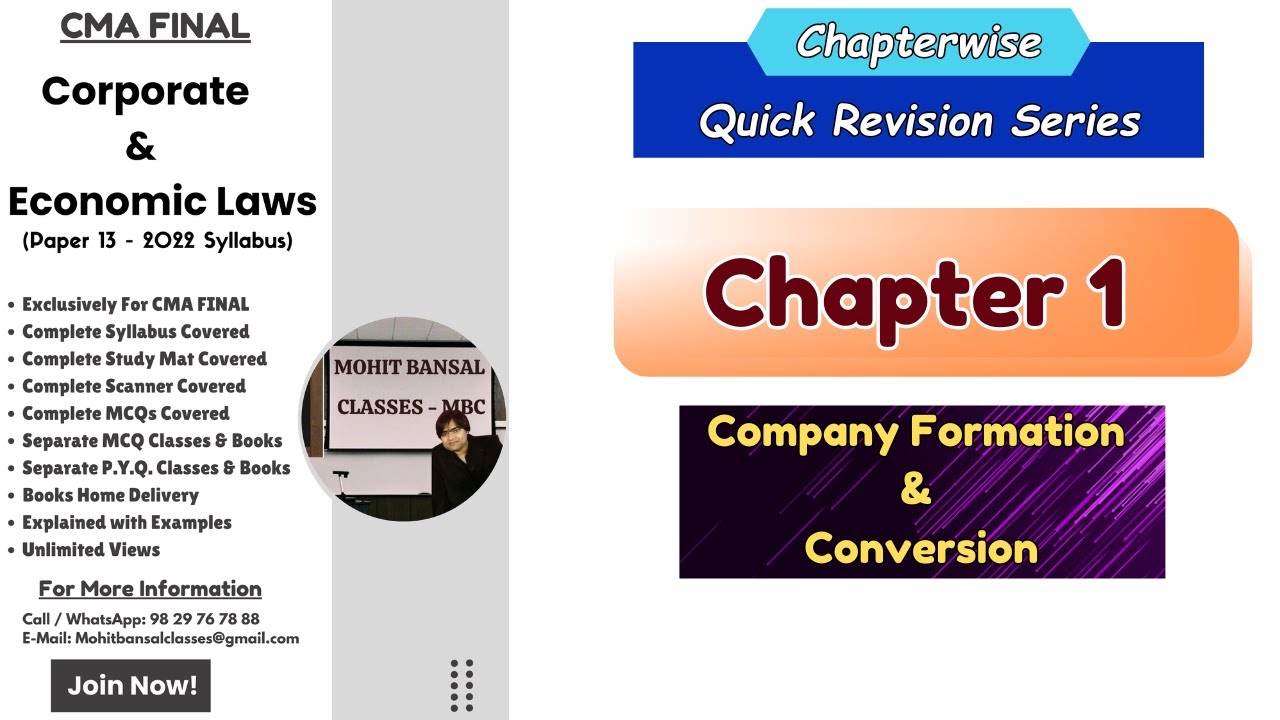 Company Formation & Conversion | CMA Final Law  Ch. 1 | Chapter wise Quick Revision Series | June 25