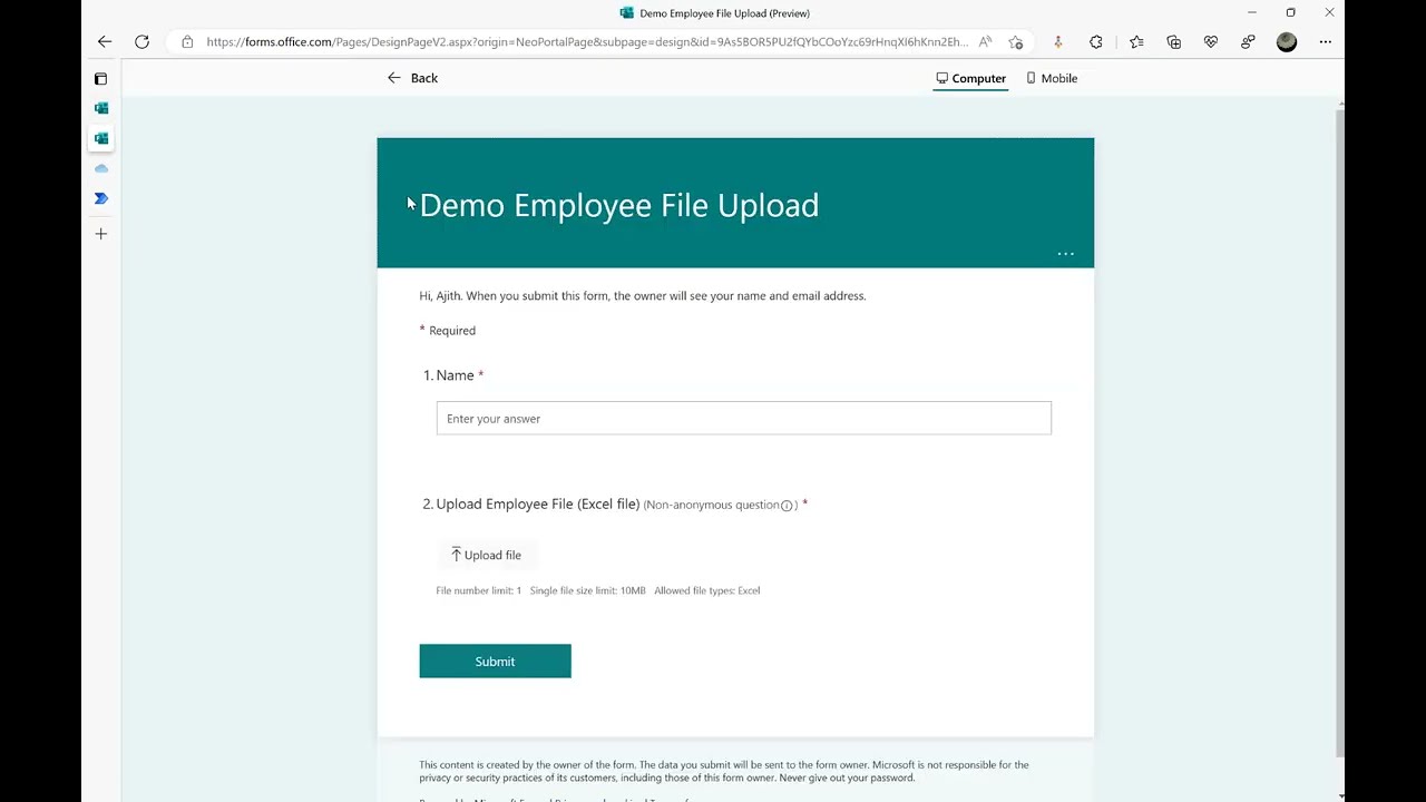 Power Automate - MS Forms Excel File Upload, read contents and append rows into another excel file