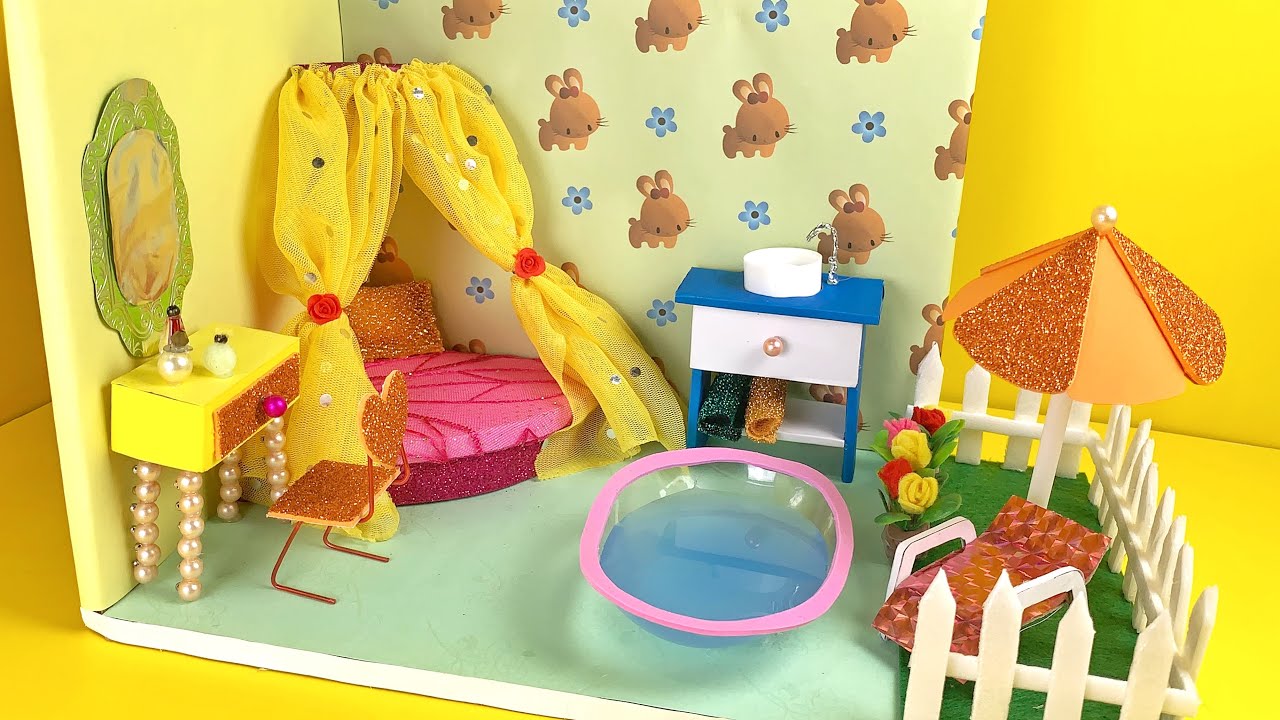 DIY Miniature Cardboard House #4❤️  How To Make Bedroom And Mini Swimming Pool From Cardboard