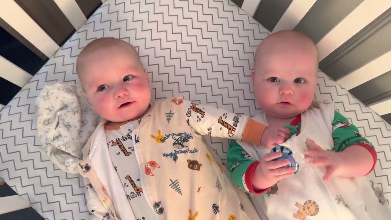 6 month-old twins babbling (to each other) and grasping objects (from each other)
