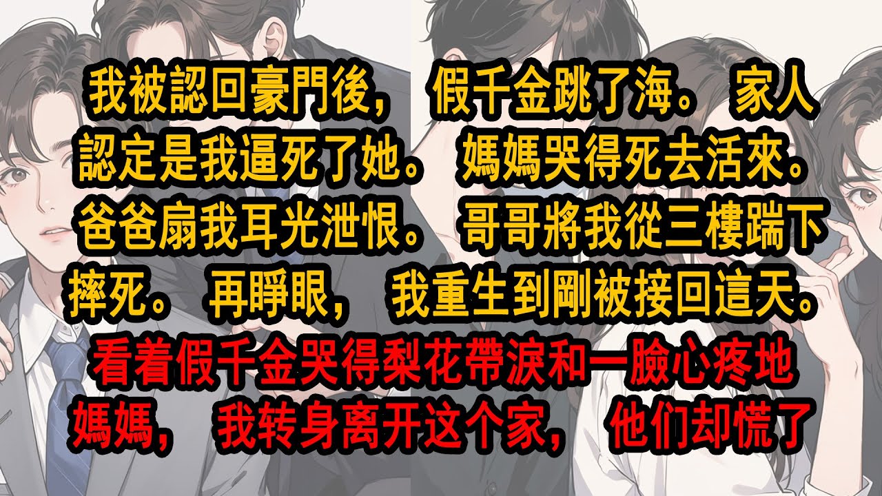 我被認回豪門後，假千金跳了海。家人認定是我逼死她。媽媽哭得死去活來。爸爸扇我耳光泄恨。哥哥將我踹下樓摔死。再睜眼，我重生被接回這天。看着假千金哭得梨花帶淚和一臉心疼地媽媽，我转身离开这个家，他们却慌了
