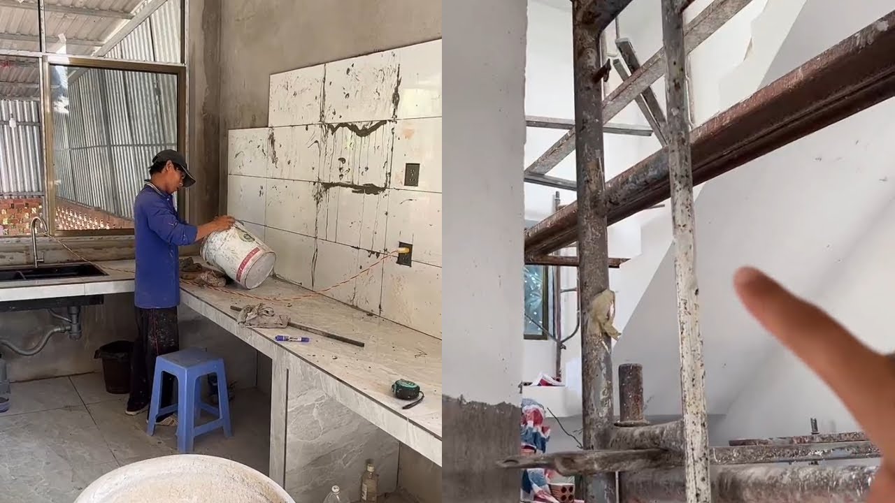 🔴 越南燕燕一家 🔴中国女婿小林给越南媳妇燕燕家建房：樓梯間墻面打磨完畢準備上乳膠漆！廚房墻面開始貼磚小林決定只貼1米2就行！ 2026-01-27 