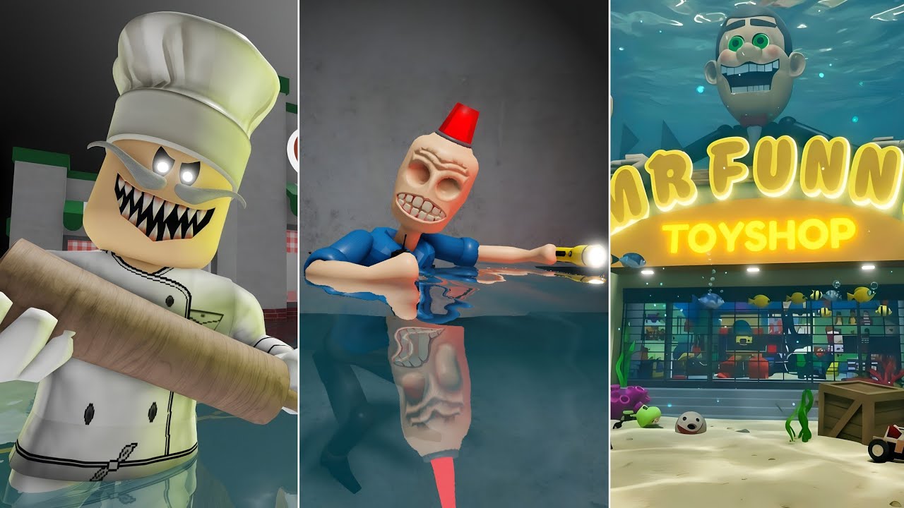 UNDERWATER FUNNY'S TOYSHOP VS UNDERWATER SIREN COP'S & UNDERWATER PAPA PIZZA'S PIZZERIA = ROBLOX