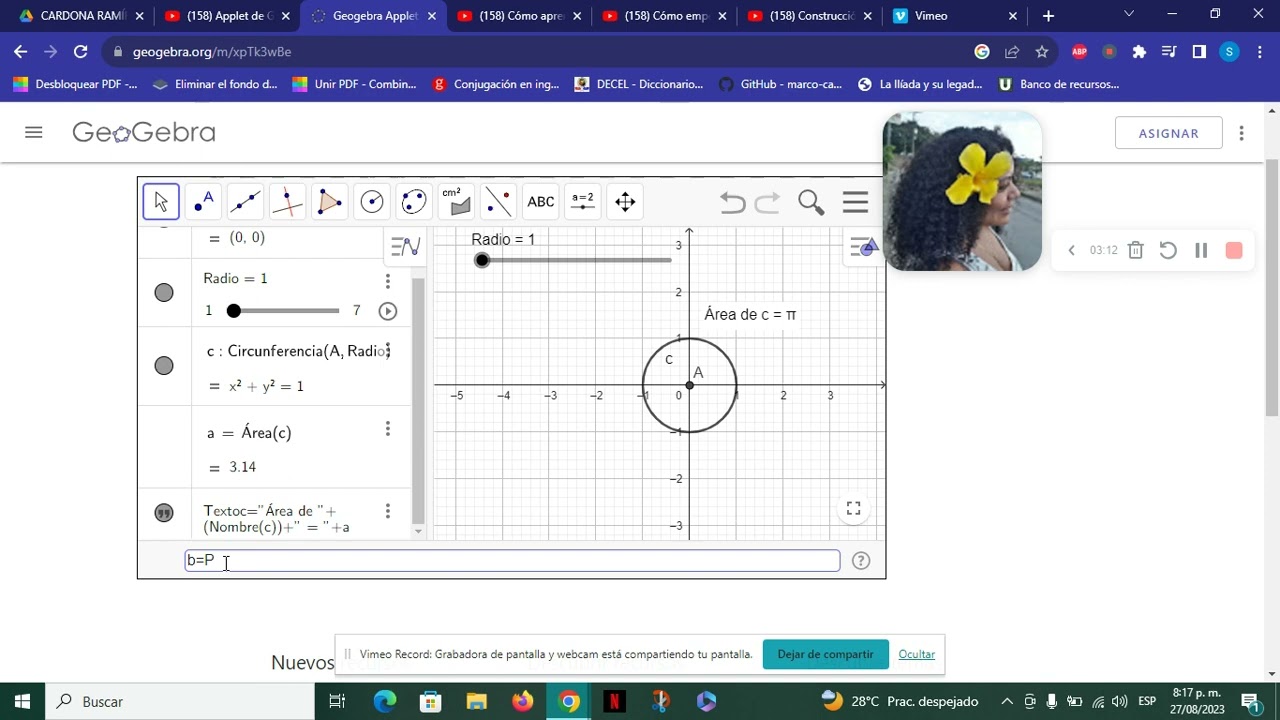 cómo calcular área y perímetro de una circunferencia con Geogebra
