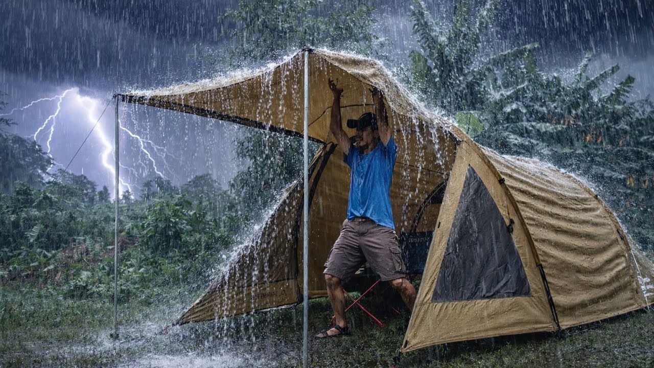 SOLO CAMPING IN LONG HEAVY RAIN AND THUNDER‼️RELAXING RAIN SOUND, ASMR