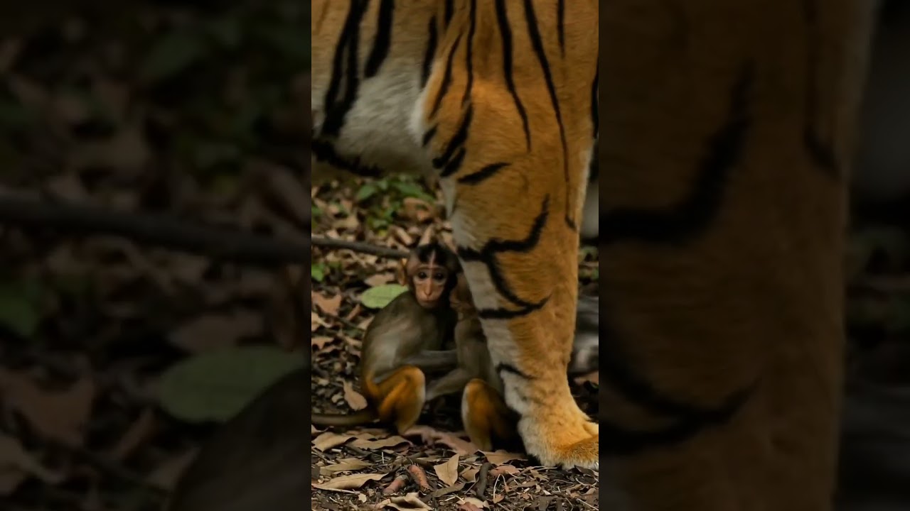 When Predator Meets Protection: A Surprising Bond #wildlife #baby #monkey #tiger