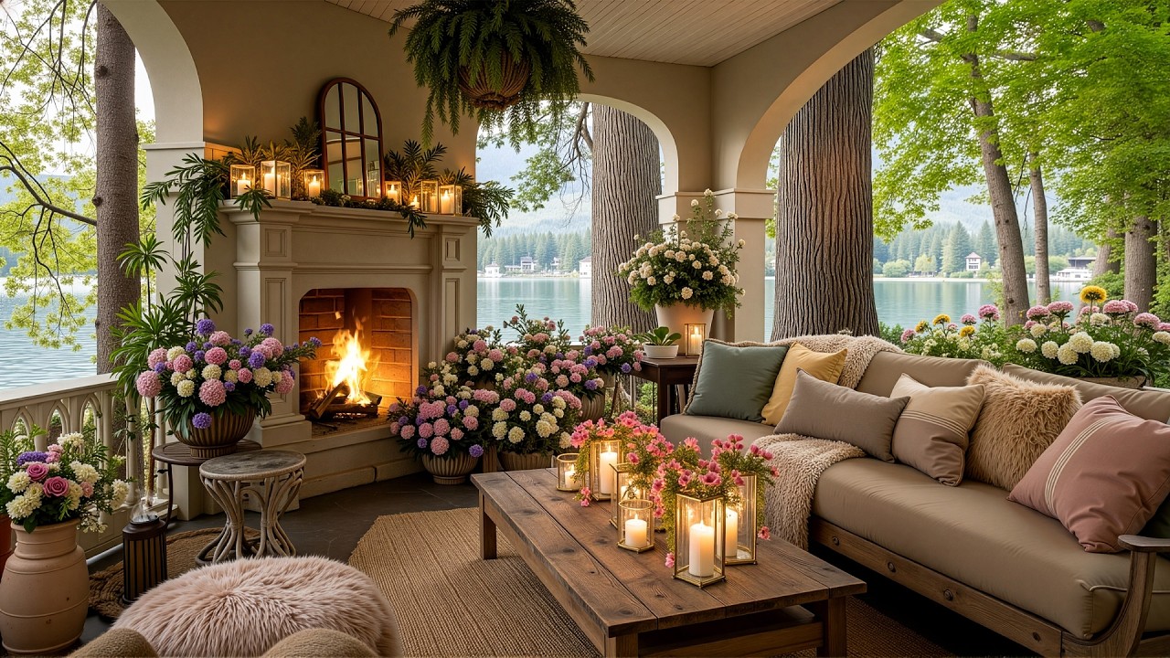 (No Music)Peaceful Spring Morning 🌸 Cozy Rustic Terrace Fireplace for Stress Relief & Mental Clarity