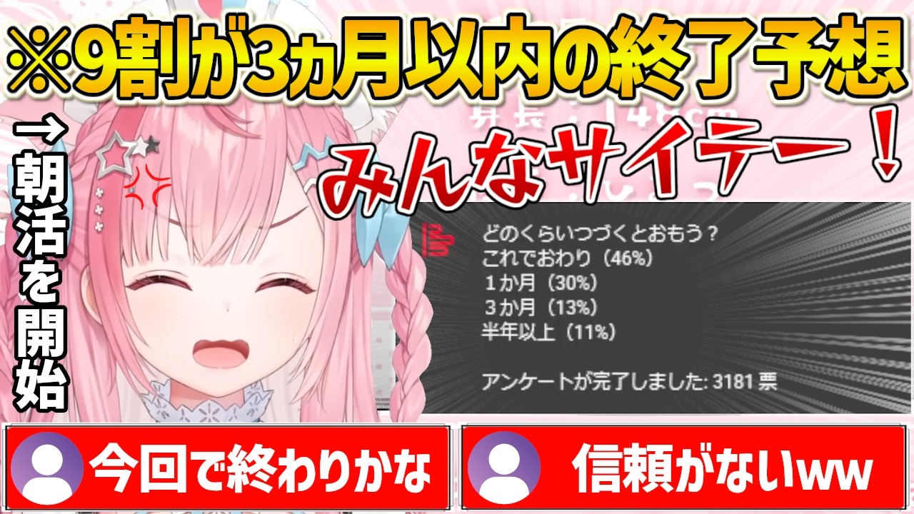 朝活配信を始めるもアンケートで9割のリスナーが3ヵ月以内の打ち切りを予想し憤慨するさくたんｗ【結城さくな/Vtuber/切り抜き】