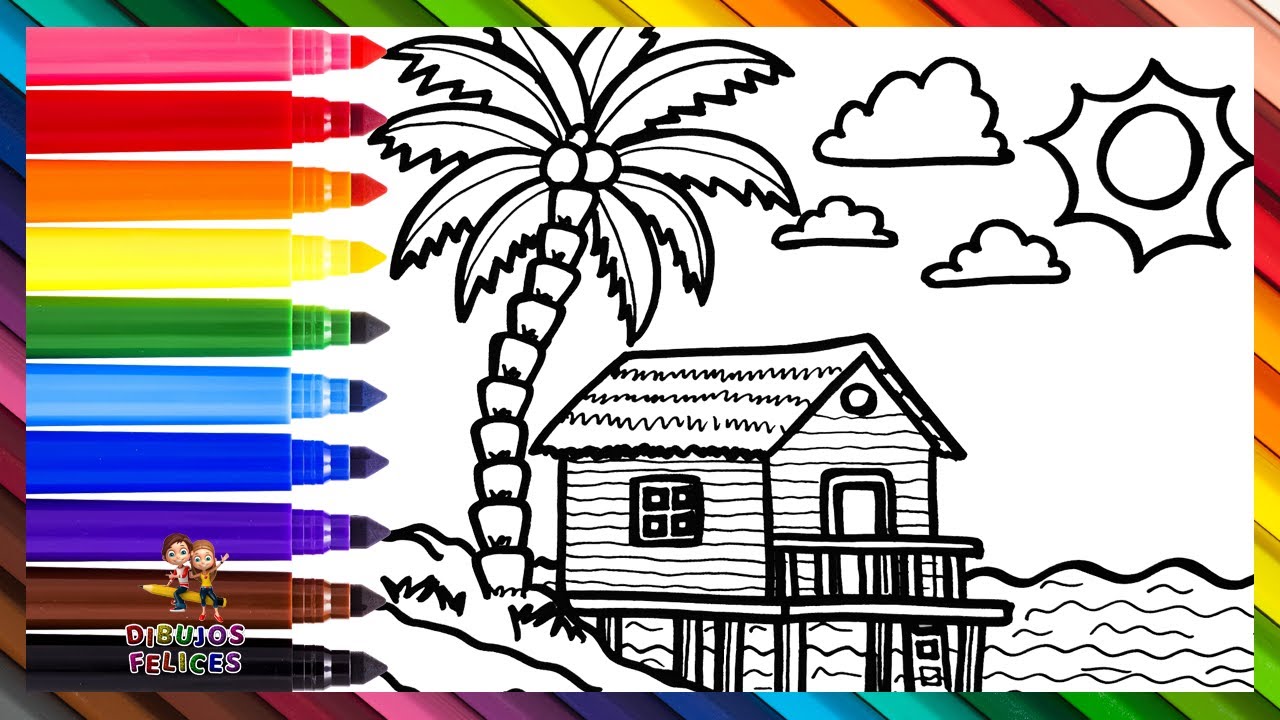 Dibuja y Colorea Un Paisaje De Playa 🌴🏠🌅🌊🌈 Dibujos Para Ni&ntilde;os