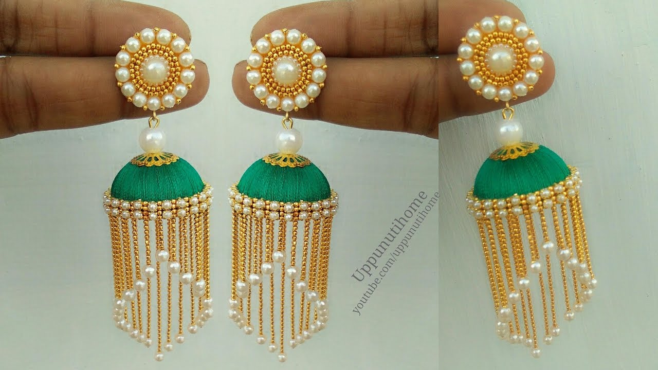 How To Make Silk Thread Pearl Earrings At Home | Jhumkas Diy | Jewelry Making | uppunutihome