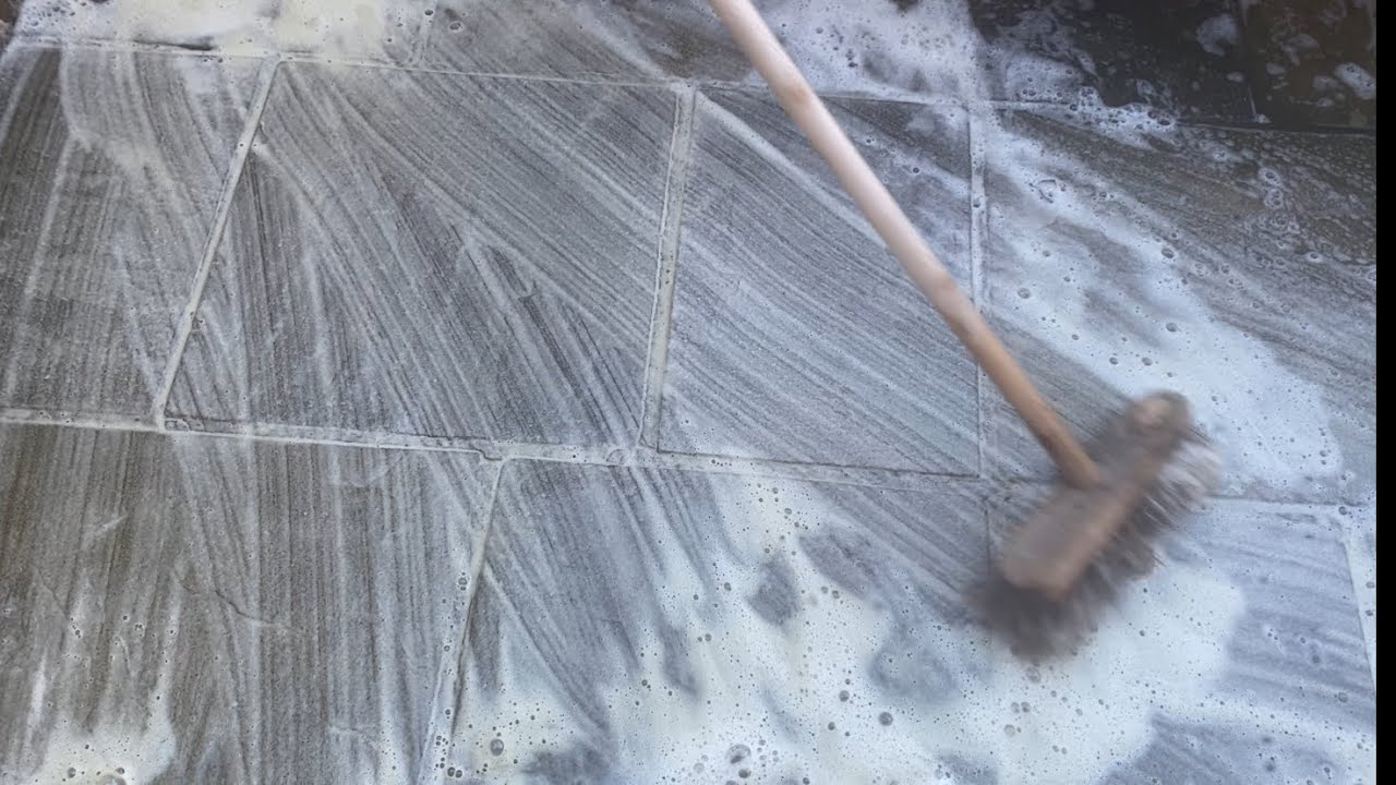 Slow Patio Cleaning with Long Broom Strokes | Relaxing Concrete Scrubbing for Stress Relief