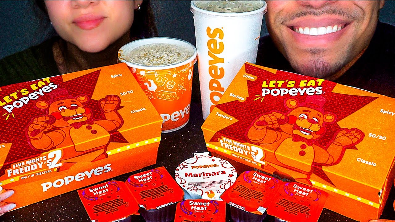 POPEYES CHICKEN TENDERS EATING SOUNDS WITH WIFE FIVE NIGHTS AT FREDDY'S 2 MEAL ASMR MUKBANG JERRY