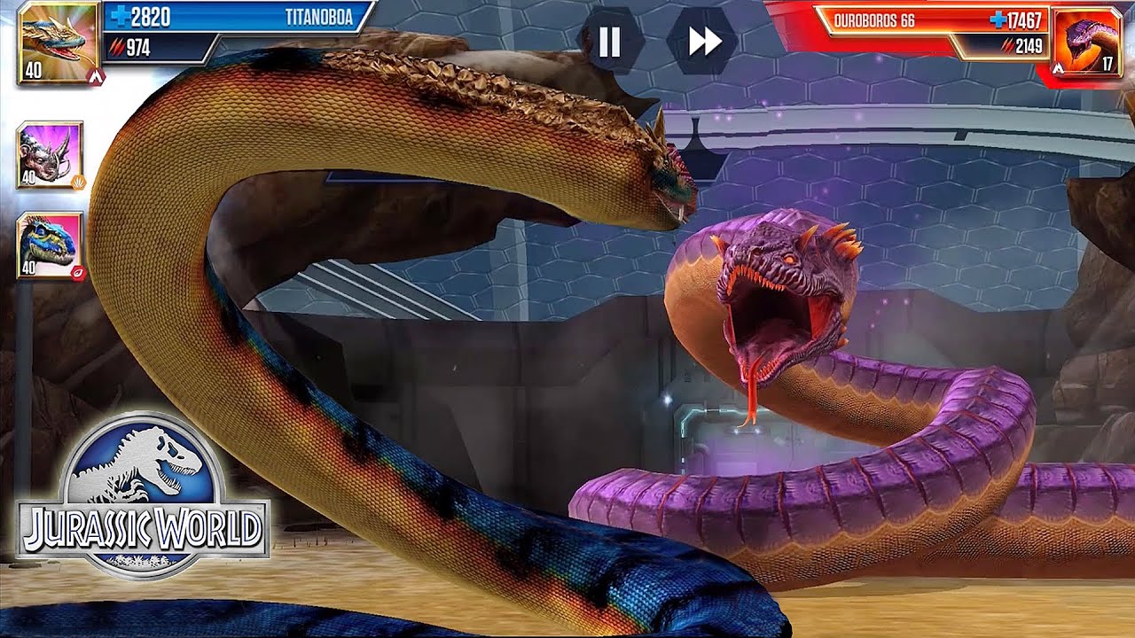TITANOBOA VS OUROBOROS 66 (SNAKE BOSS) - JURASSIC BATTLE || JURASSIC WORLD THE GAME