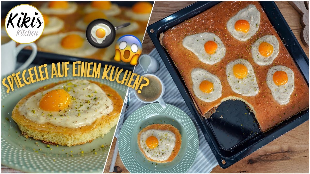 Spiegeleikuchen vom Blech / Orangenlimo-Rührteig mit Vanillepuddingcreme und Aprikosen / Osterrezept