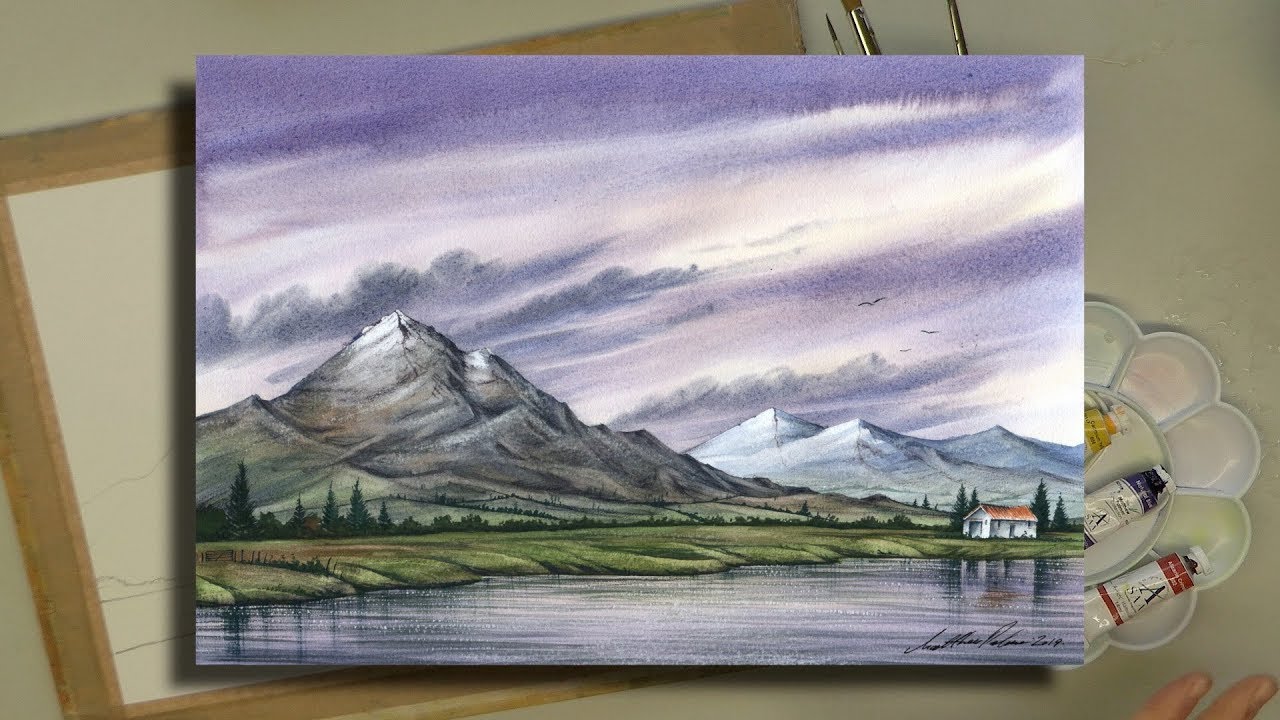 A 60 Minute Watercolour with 3 Colours and 3 Brushes, Atmospheric Mountain Landscape