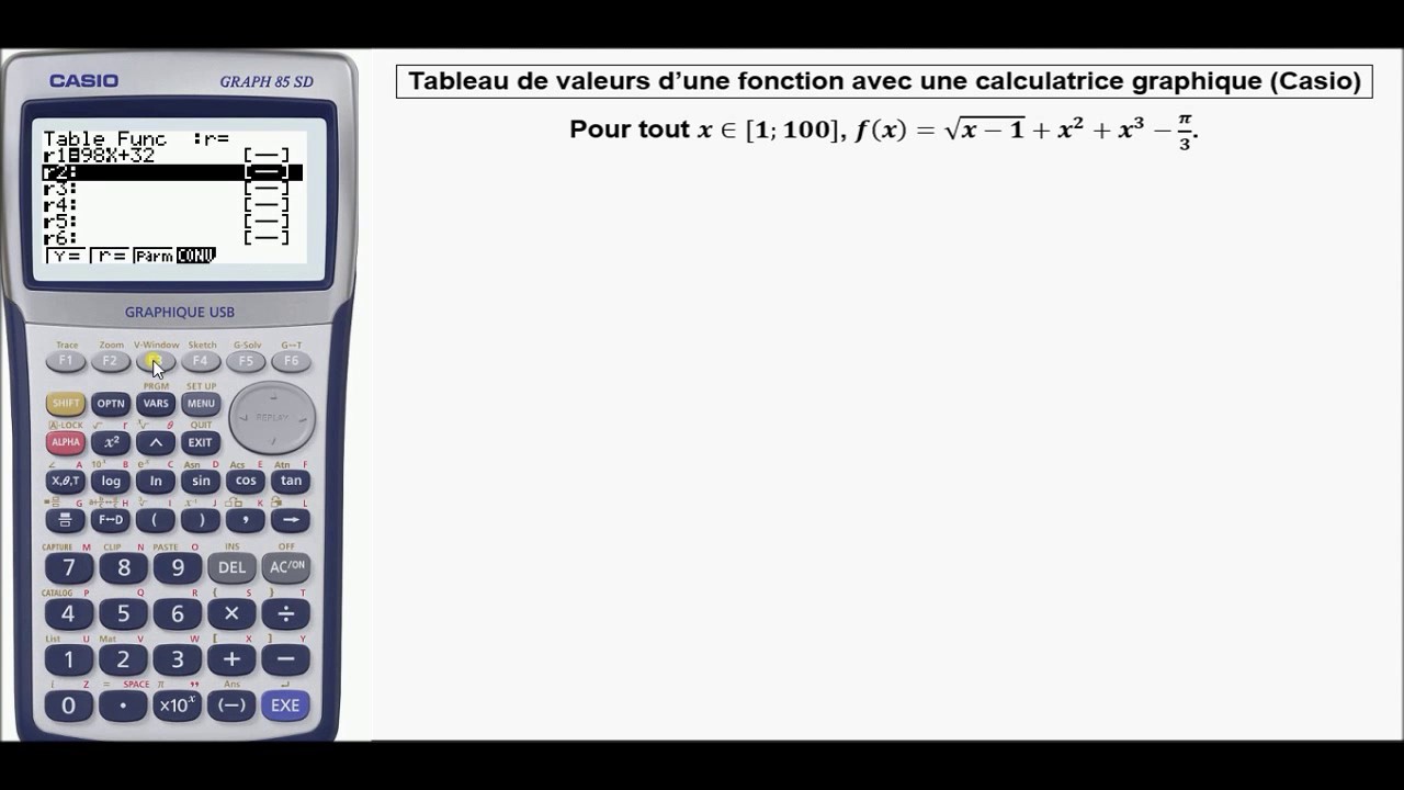 Calculatrice : Obtenir un tableau de valeurs d'une fonction (exemple)