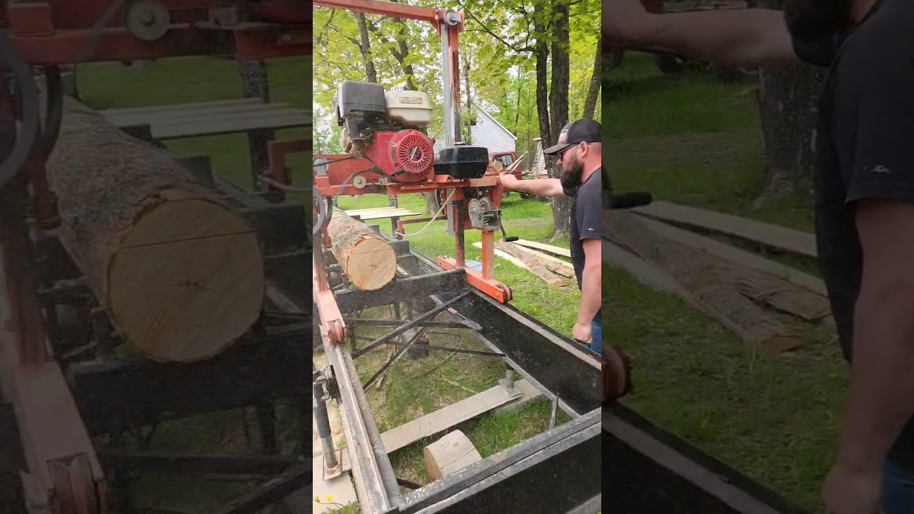 Showing my neighbor how to operate my #homemade #bandmill #lumber #roughcut we are sawing ash 6x6