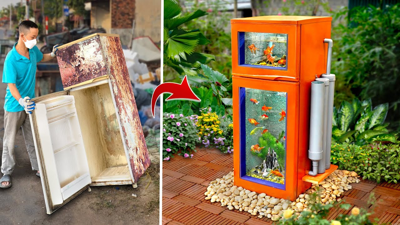 Unbelievable! My father turns old broken fridge into awesome aquarium