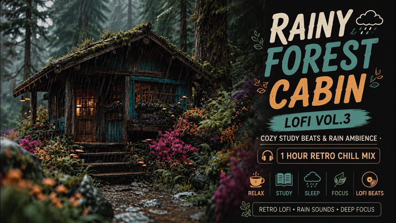 Rainy Forest Cabin Lofi Vol. 3 🌧️ Cozy Study Beats & Rain Ambience | 1 Hour Retro Chill Mix