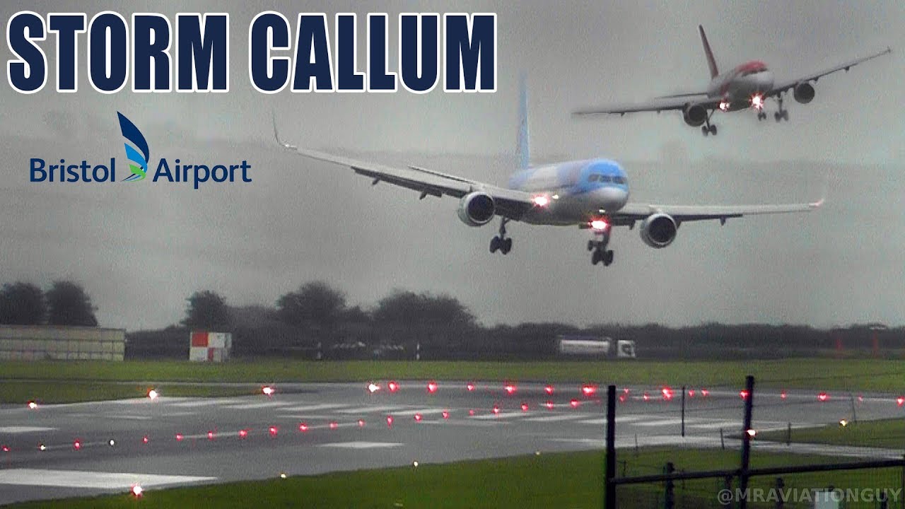 BRISTOL AIRPORT DURING STORM CALLUM | DIRECT CROSSWIND!  SIDEWAYS LANDINGS, GO AROUNDS...(WITH ATC)