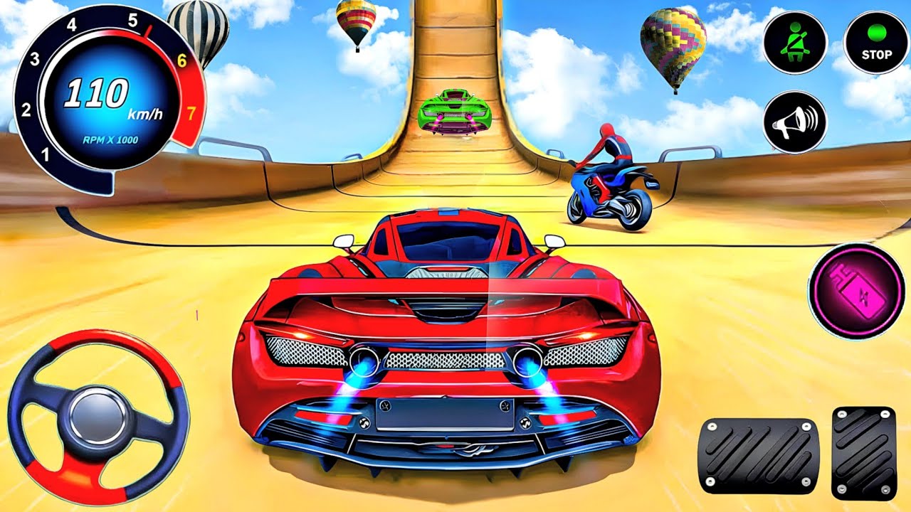 Red Colour Ramp Car Racing Flyover 3D Gameplay_ Car v/s Bike Stunt Racing Video Car Simulator Game