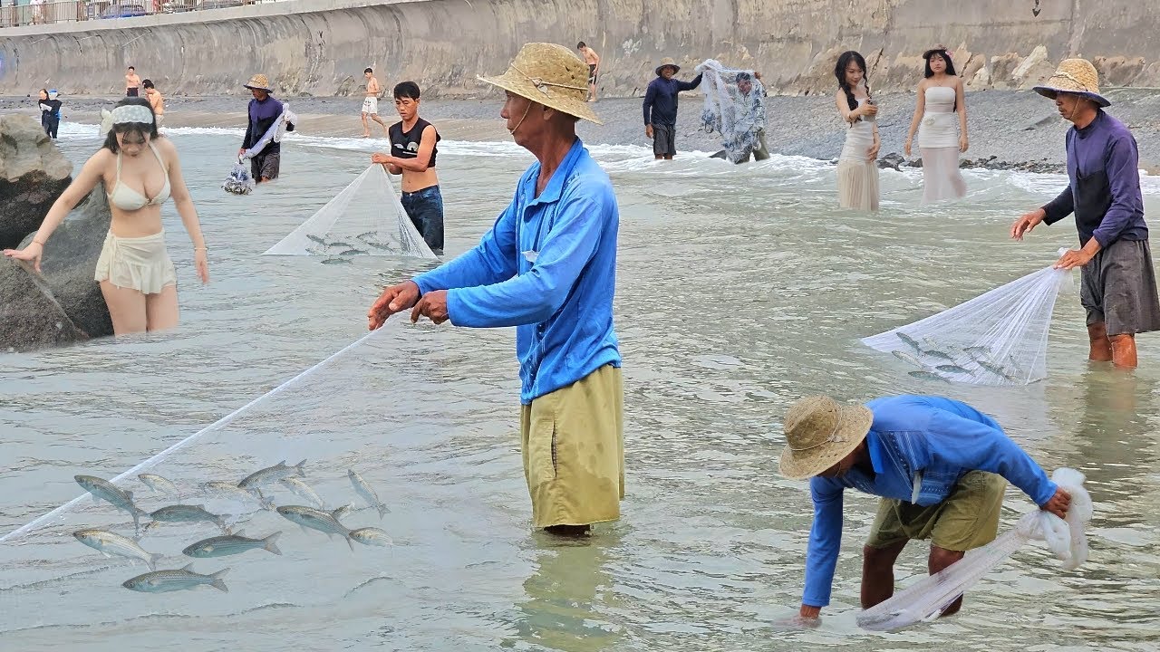 Giây Phút Các Bác Chài Cá Vội Vã Tung Chài - Chớp Nhoáng Chài Thành Công Đàn Cá Đối Tại Bãi Tắm