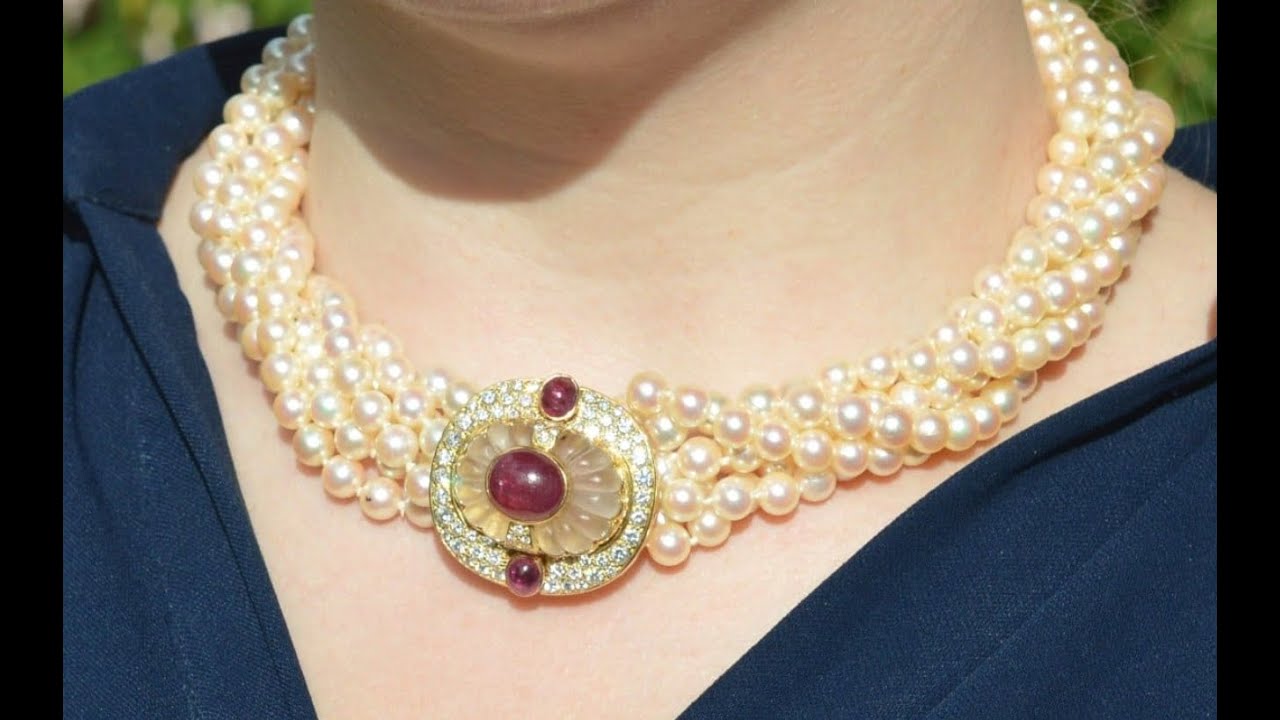 Mid-Century Glamour: French 18ct Gold Pearl Torsade Necklace with Diamond, Ruby & Rock Crystal Clasp
