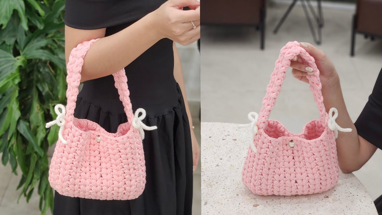 Crochet Shoulder Bag 🤍Cách móc túi đeo vai hoạ tiết trái tim từ sợi vải bông đơn giản