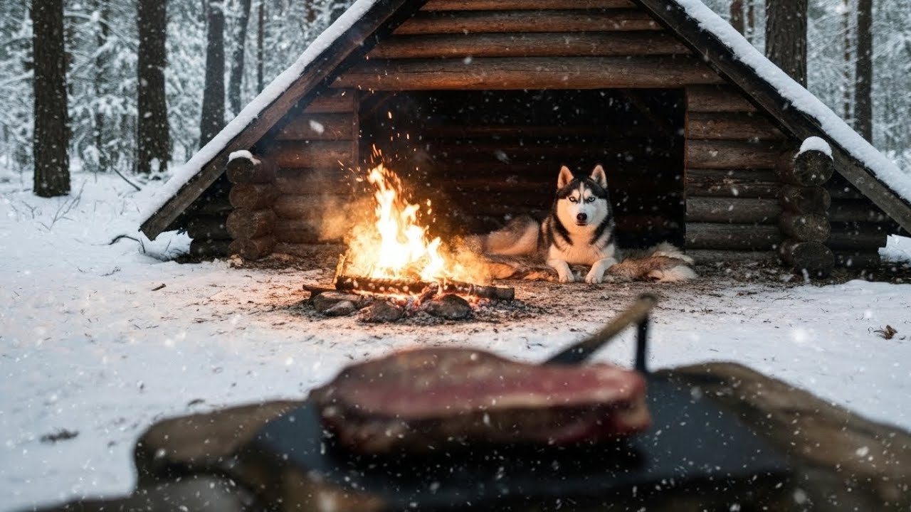 Building a Bushcraft Log Shelter in Heavy Snow | Cooking Steak on Stone ASMR