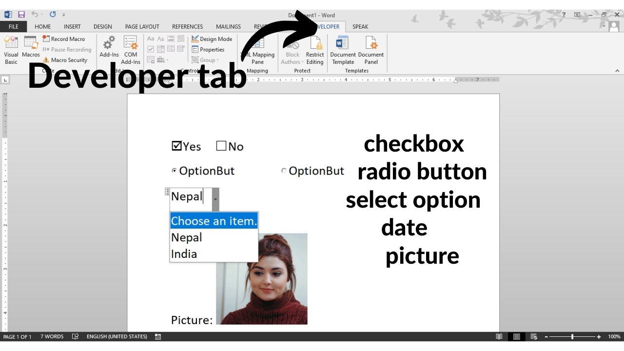 How to use checkbox, radio button, and select option using MS Word | Developer tab in Microsoft Word