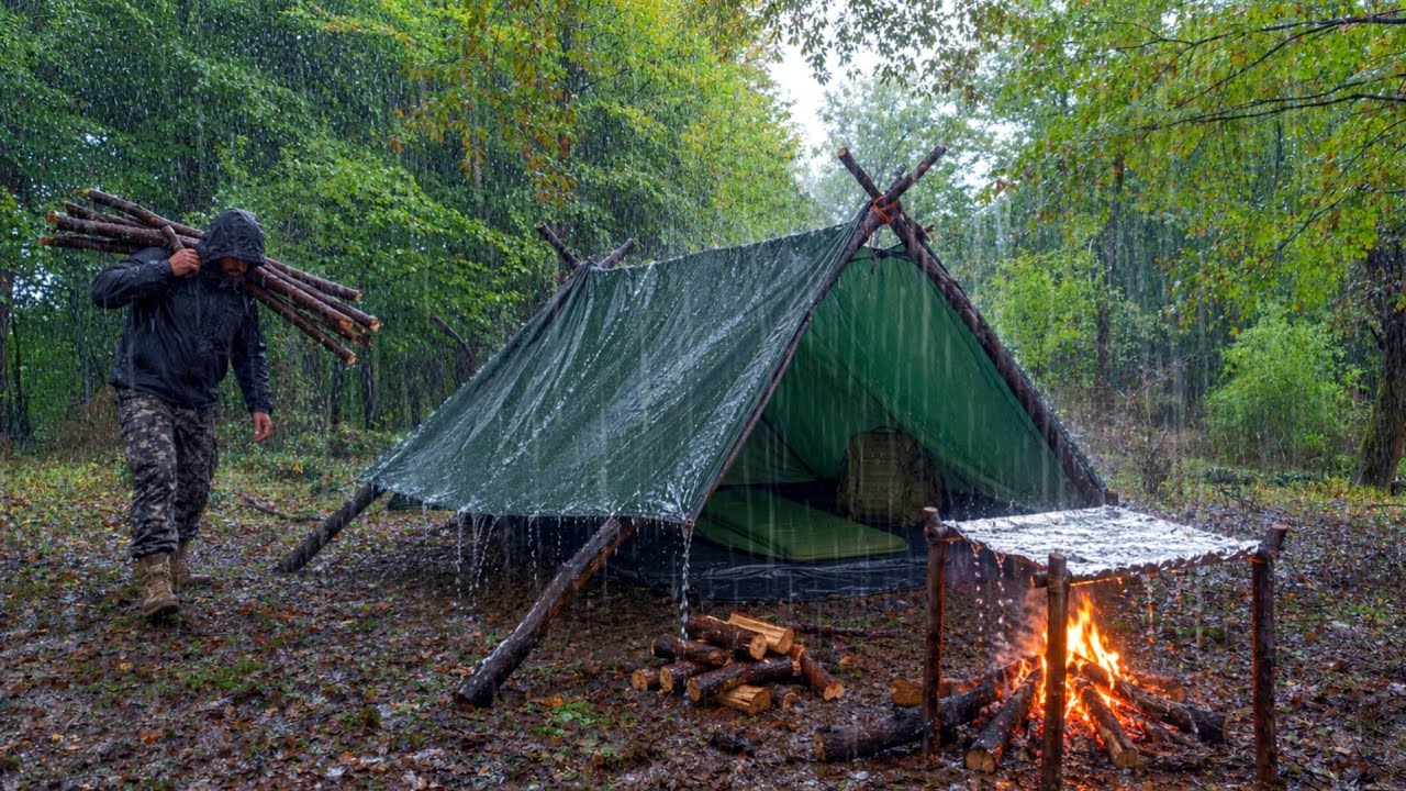 Cozy Shelter Camping in Heavy Rain | Camping in Rain Only with a Tarp