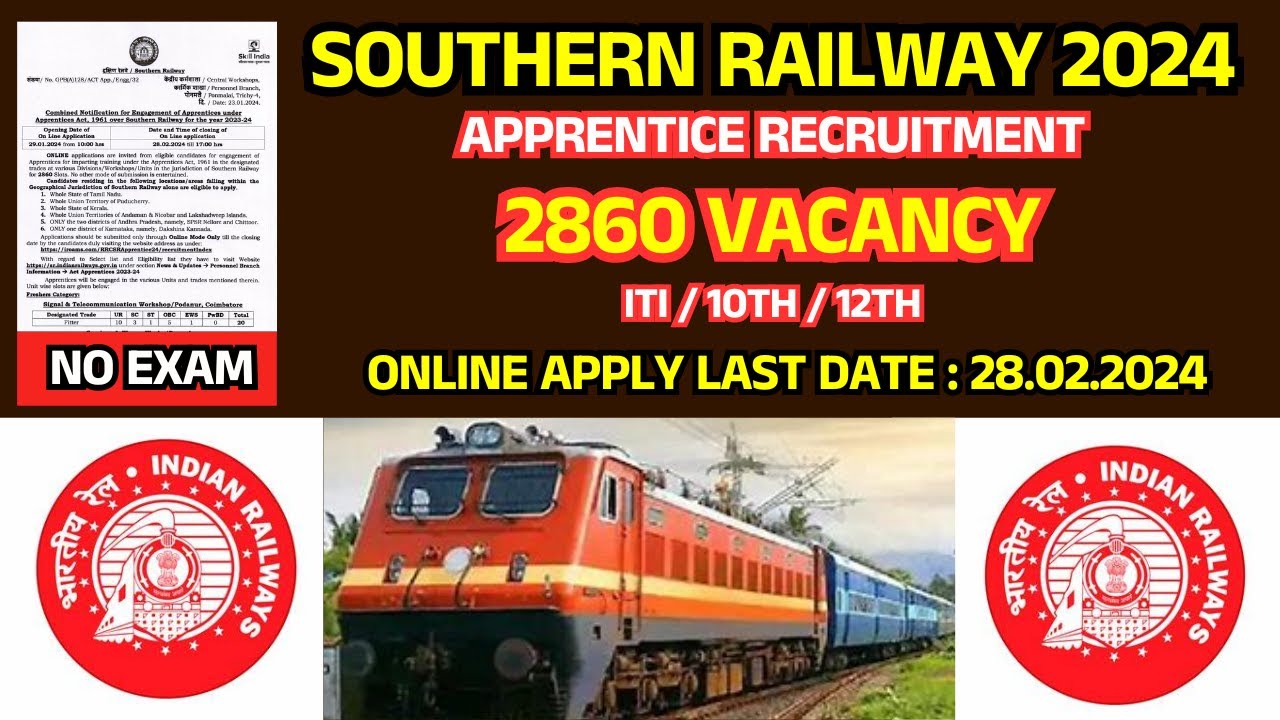 SOUTHERN RAILWAY NEW RECRUITMENT | 2860 APPRENTICESHIP POST | 10TH/12TH/ITI | 28.02.2024
