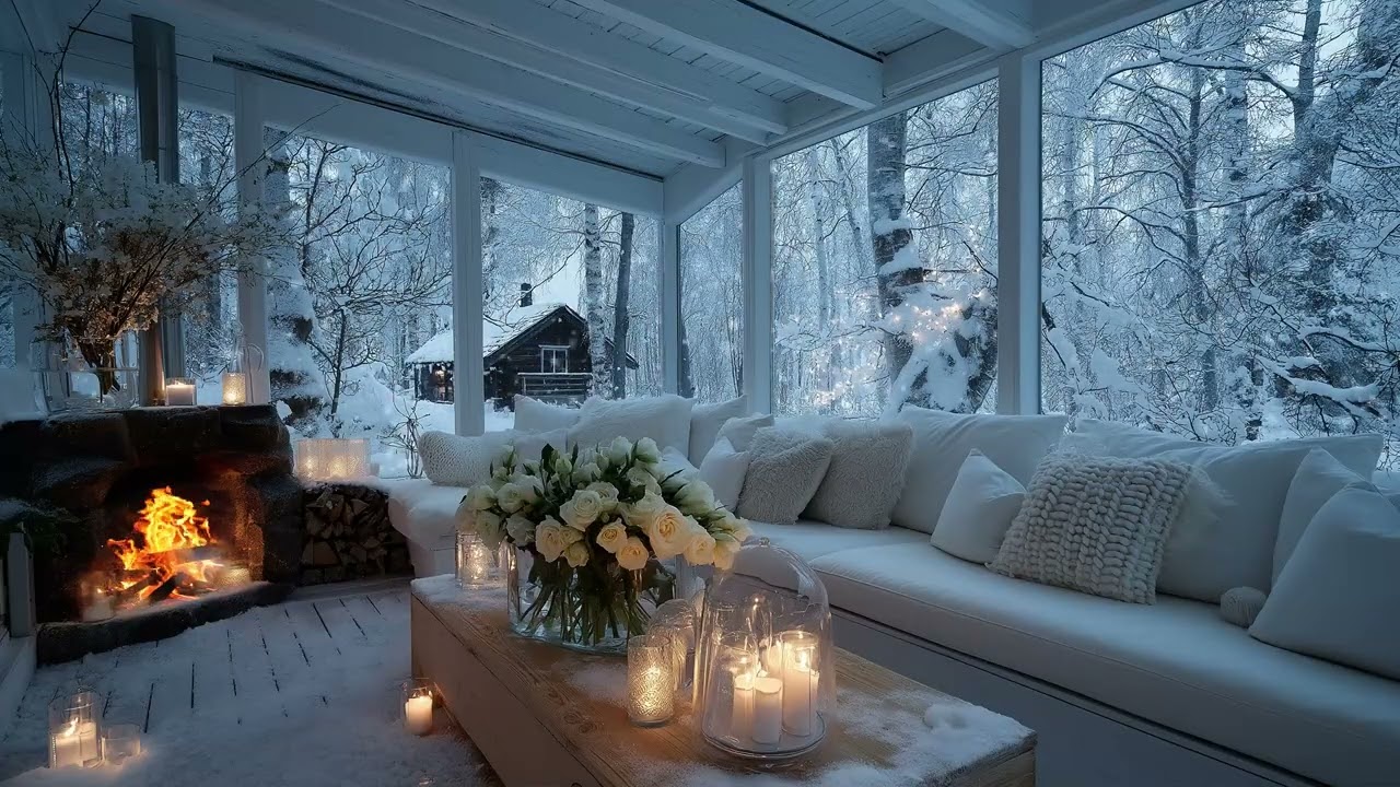 🎹🔥 Winter Calm Fireplace Piano | 5 Hours Snowfall White Lounge | Relaxing Study Sleep Meditation