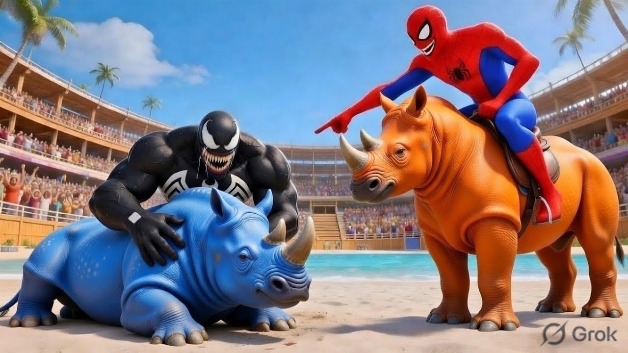 SPIDER-MAN vs VENOM – The Most INSANE Superhero Arena Race Ever! Rhino vs Rhino 🏁🔥