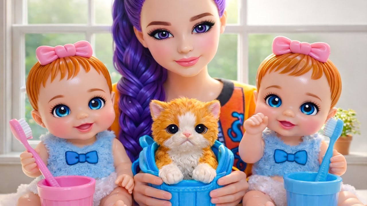 Twin Babies Morning Routine! ☀️ A Tiny Kitten in the Bag? 🐱 Barbie Doll Family | 루아 루비 아침 루틴