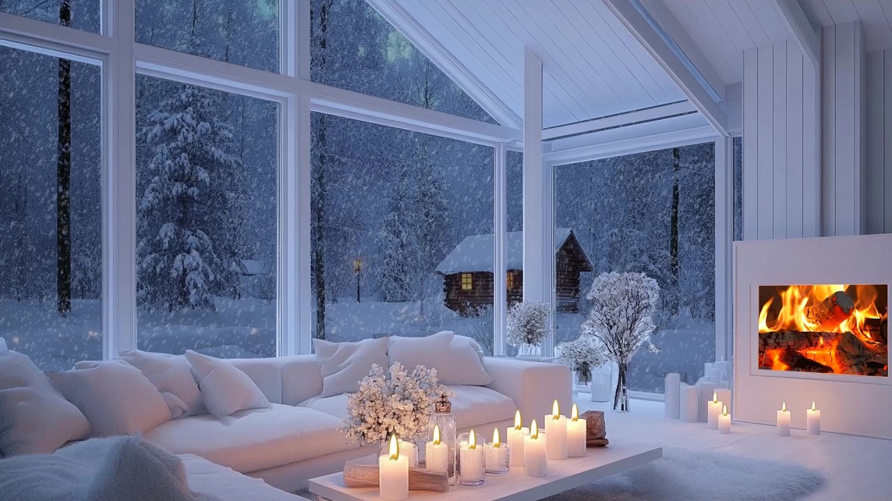🔥🎹 Warm Fireplace Piano Lounge Scene | Snow Outside, Fire Glow & Flowers | Stress Relief Focus