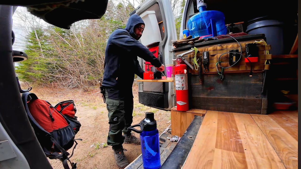 Van Camping In Rain And Exploring New Fishing Locations With Electric Scooter