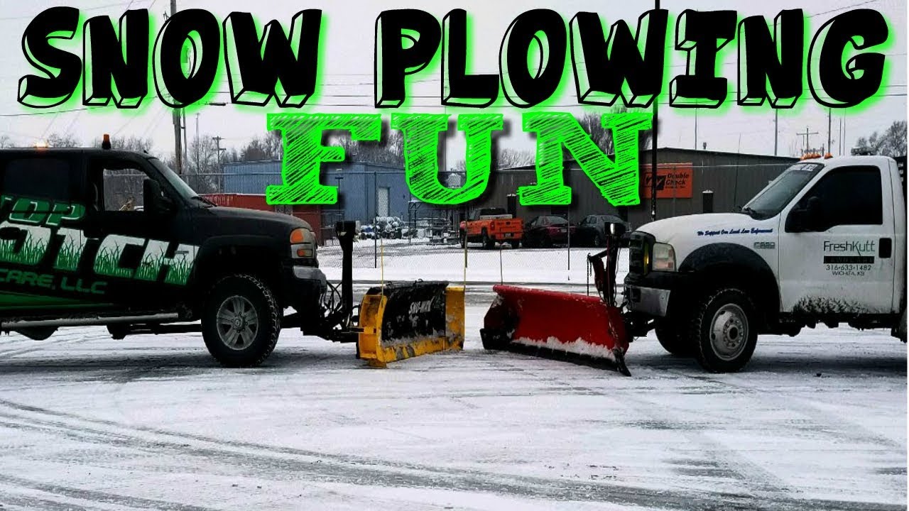 Snow Plowing Big Parking Lots With 2 Plow Trucks, Western Plow and Sno-Way Plow