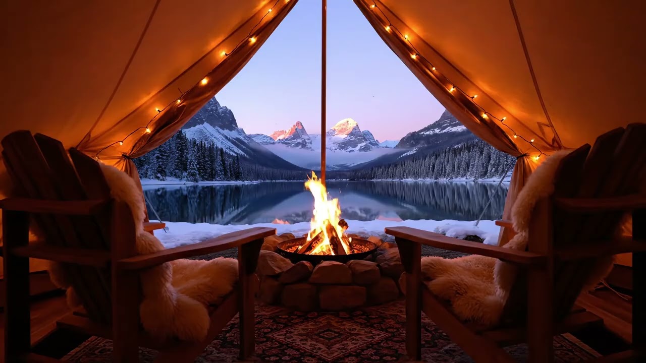 Cozy Winter Glamping in the Canadian Rockies | 4K Fire & Lake View