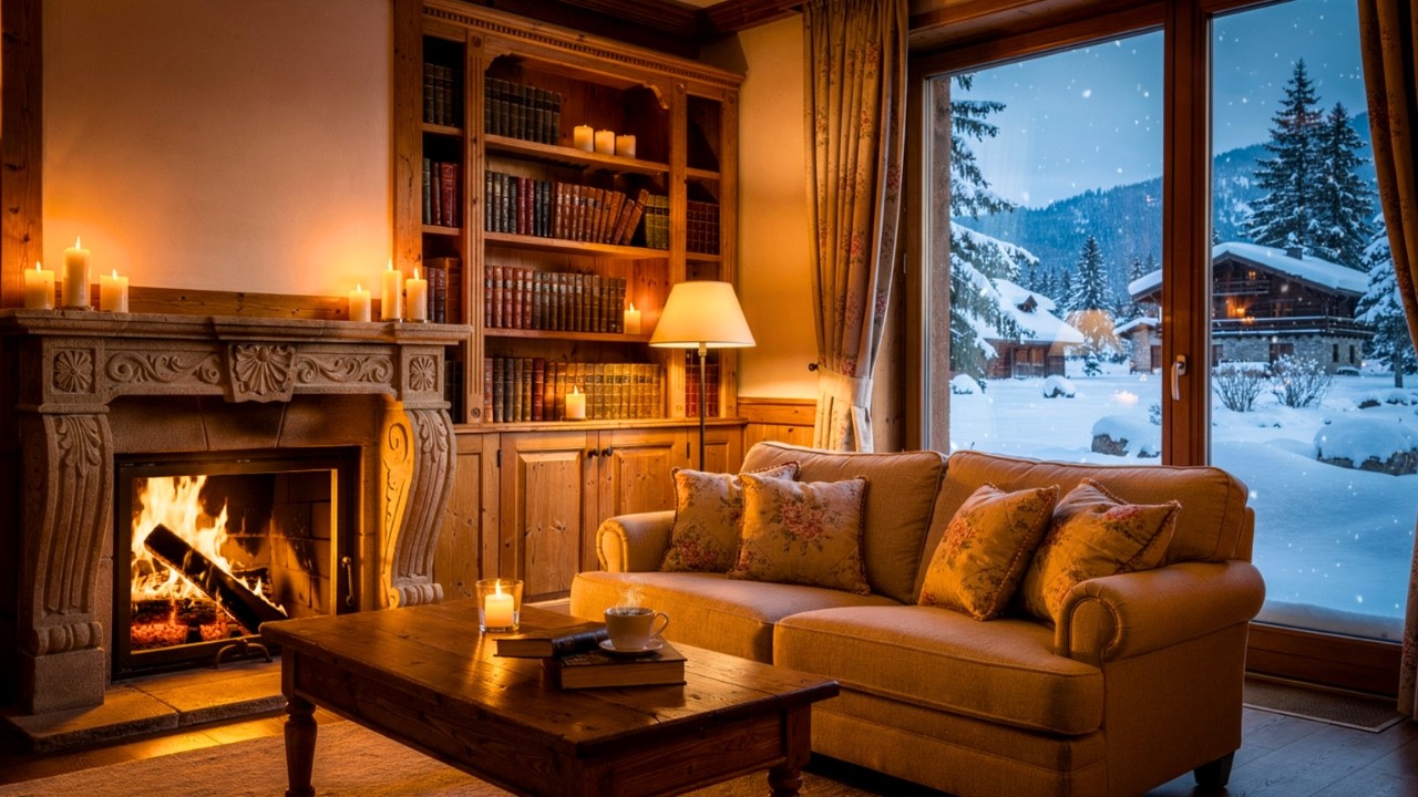 Cozy Snowy Winter Café Jazz ☕ Warm Piano & Crackling Fireplace for Deep Relaxation & Stress Relief