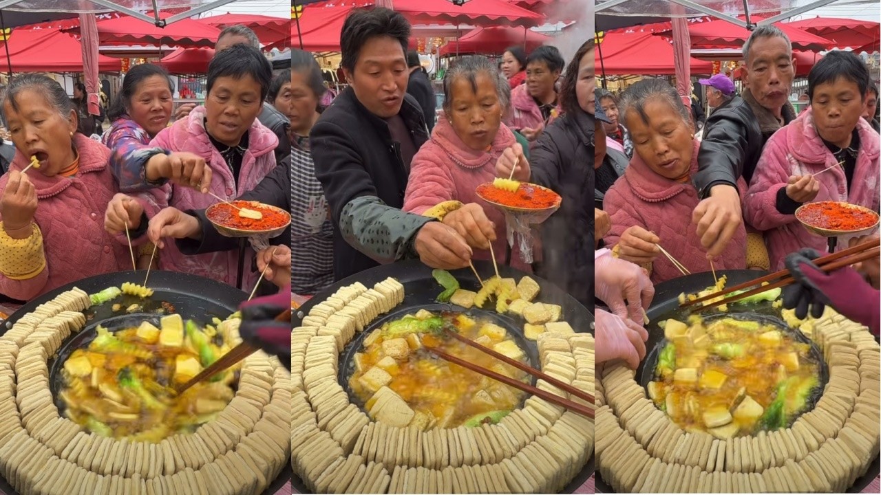 Deep-fried small tofu cubes at Chinese rural market | Chinese food