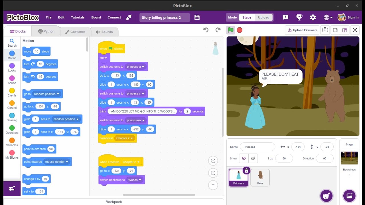 Princess and The Bear! Story Telling Using PictoBlox.