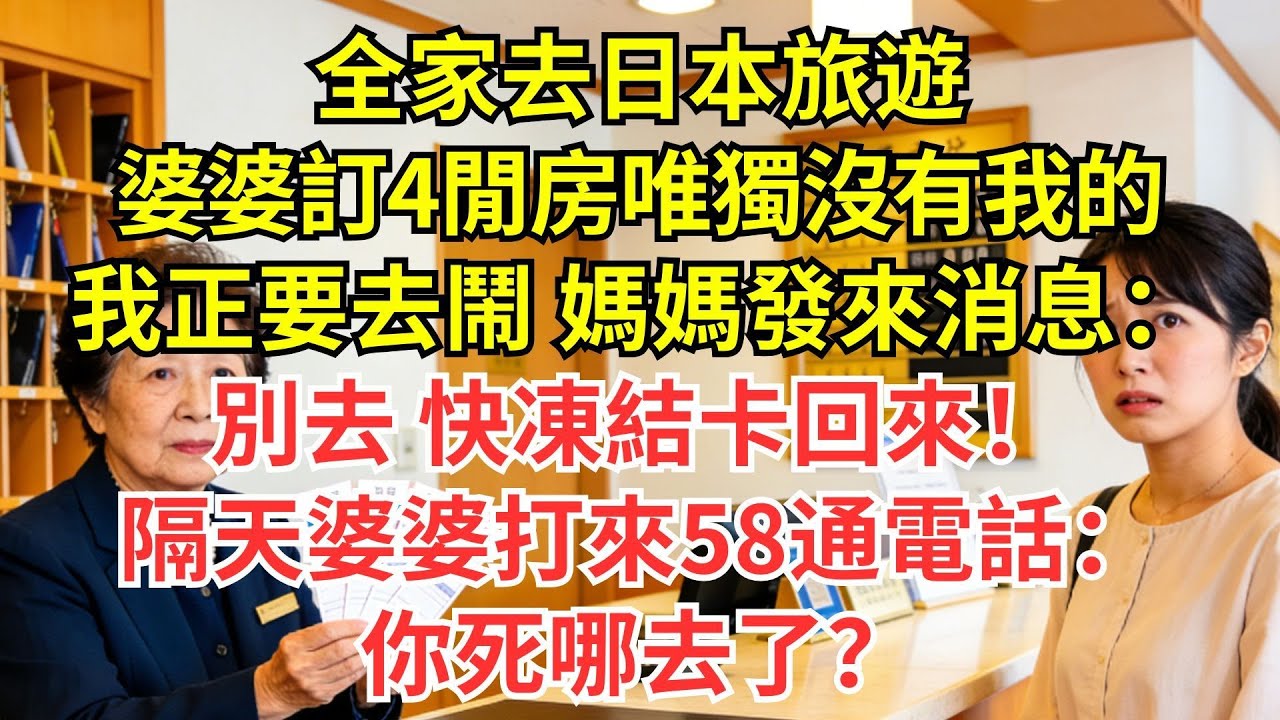 全家去日本旅遊，婆婆訂4閒房唯獨沒有我的，我正要去鬧，媽媽發來消息：別去，快凍結卡回來！隔天婆婆打來58通電話：你死哪去了？#情感#婆媳#家庭#智慧
