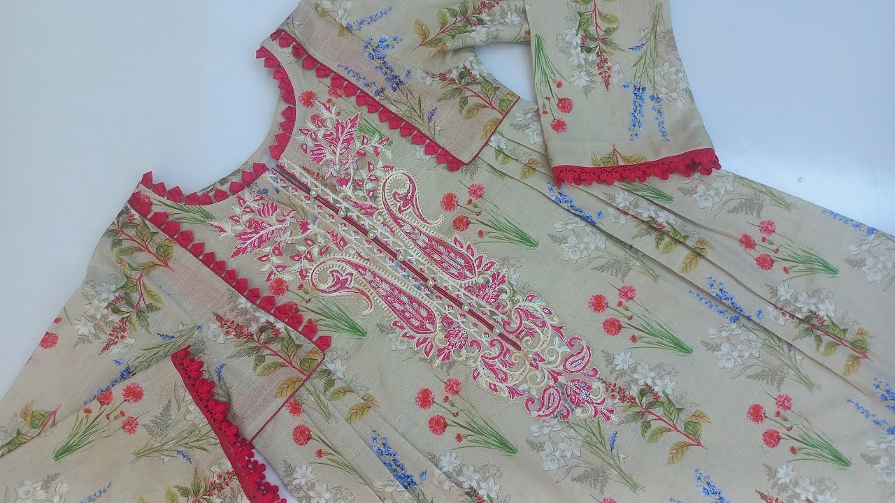 How to make stylish short frock with triangles block neck design/New embroidered pintex frock making