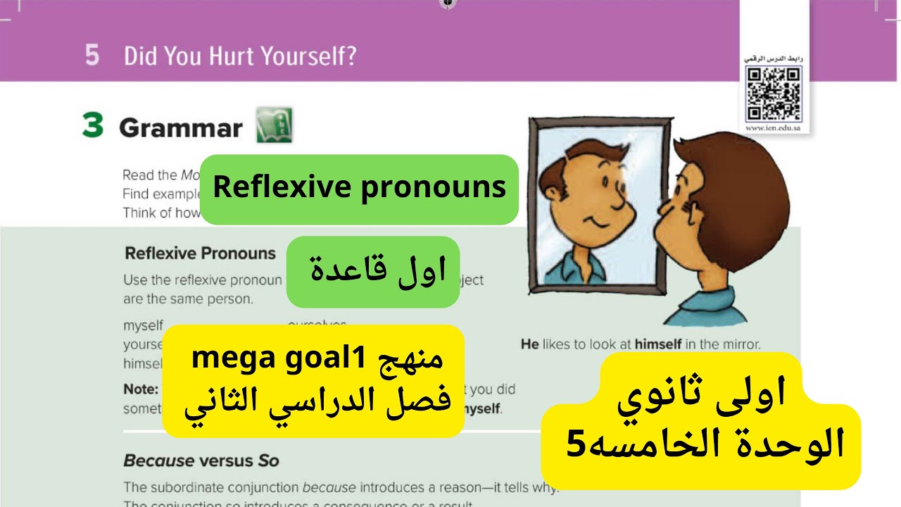 شرح قاعدة reflexive pronouns اولى ثانوي للفصل الدراسي الثاني منهجmega goal1