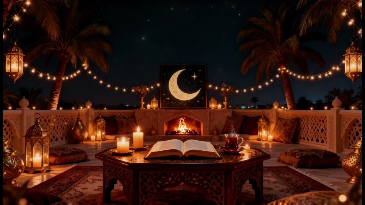 Ramadan night patio fireplace 🌙cozy starry sky, crescent moon art & Quran Islamic ambience