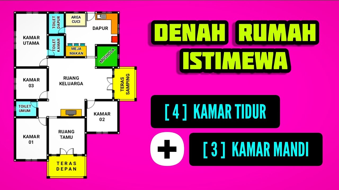 Denah Rumah 4 Kamar Tidur + 3 Kamar Mandi + Mushola
