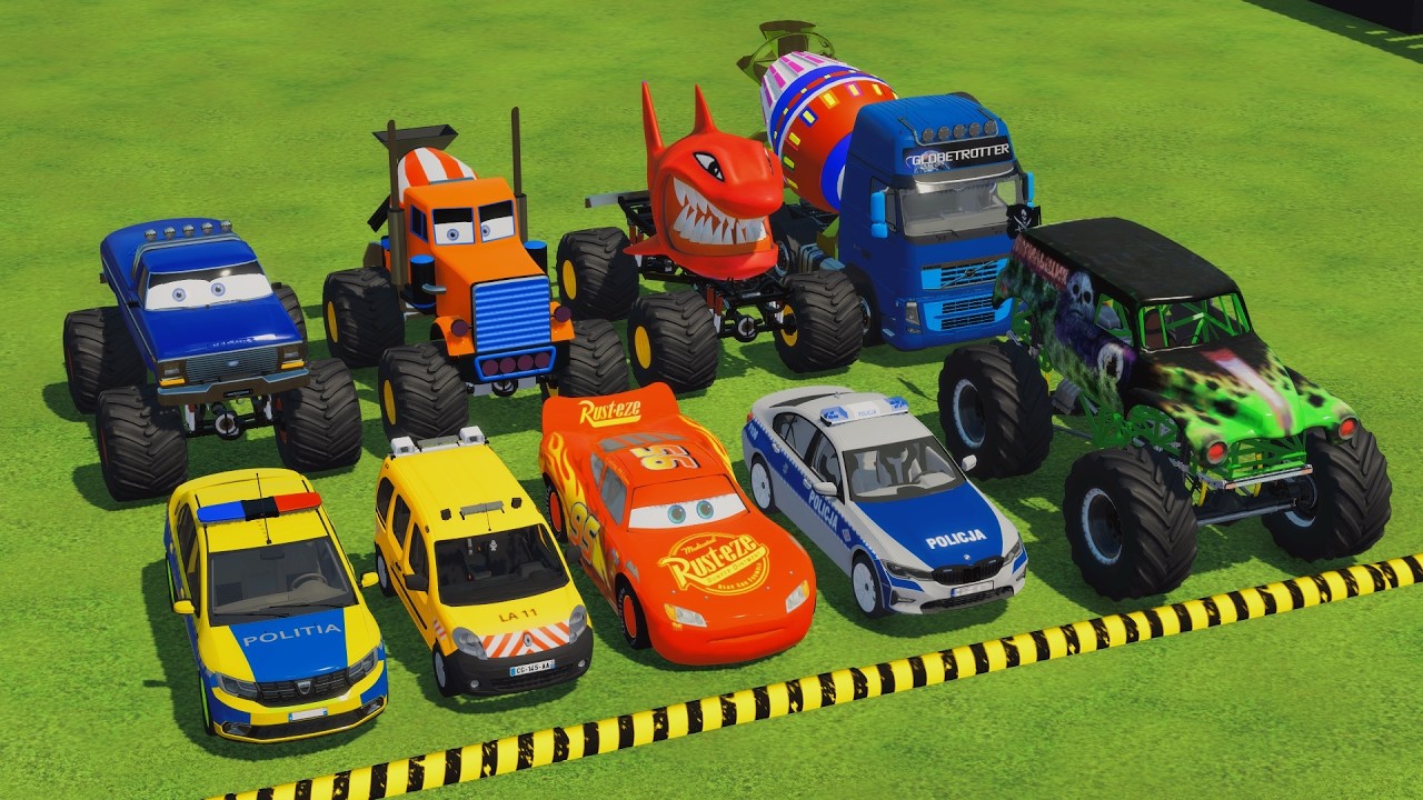TRANSPORTING POLICE CARS, MONSTER TRUCK, FIRE TRUCK, COLORFUL CARS WITH TRAIN - FS22 #239