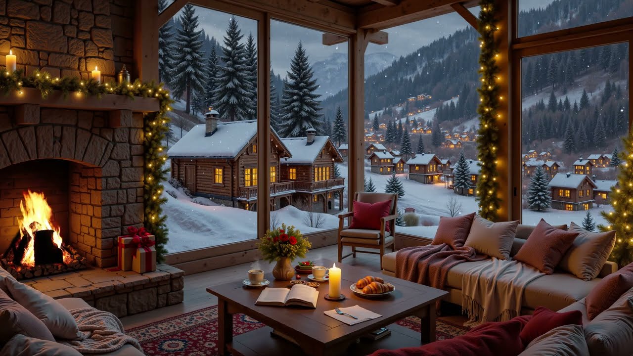 Snowy Mountain Cabin Night ❄️ Warm Fireplace, Alpine Village View & Soft Jazz for Study & Relax